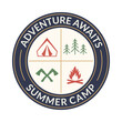 Summer camp badge or logo. Outdoor camping emblem with tent, forest and campfire. Scout, travel, adventure concept. Vector illustration.
