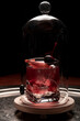 Cocktail under a glass cover with a cherry on a black background