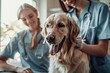 A happy golden retriever dog gets a medical examination from two handsome white-skinned and blond-haired veterinarians in medical scrubs at an animal hospital. Pet care concept. Place for text. Banner