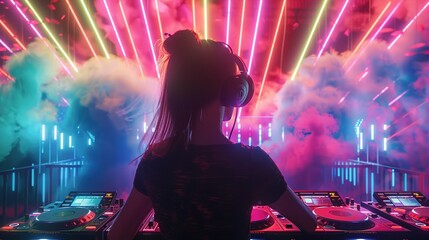 Wall Mural - Vibrant neon lights illuminating the night sky as colorful smoke swirls around a DJ booth, setting the stage for an electrifying DJ night filled with pulsating beats and dancing crowds.