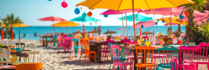 Colourful table decoration with an exotic beach. Summer picnic on a tropical beach