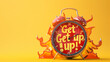 A vibrant red alarm clock with 'Get up!' text melting on a yellow background