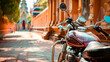Travel style, motorcycle at a historic site, tourist attraction, focused composition, daylight, copy space on the right