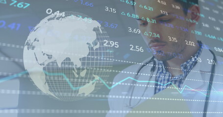Poster - image of financial data over biracial male doctor making notes