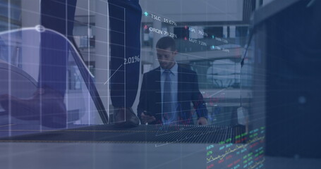 Poster - Image of financial data processing over biracial businessman using smartphone