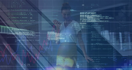 Poster - Image of financial data processing over caucasian businesswoman using smartphone