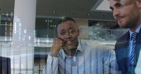 Poster - Statistical data processing against group of diverse businessman discussing at office