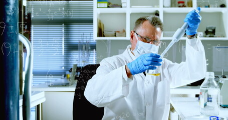 Poster - Image of mathematical equations over caucasian male scientist in lab