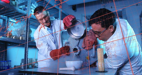 Poster - Image of mathematical equations over diverse male scientists in lab