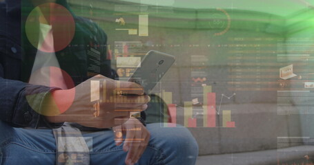 Poster - Image of graphs over hands of caucasian man using smartphone