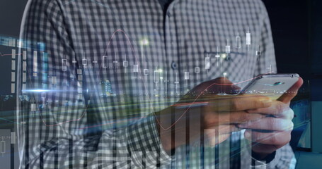 Poster - Image of graphs over hands of caucasian man using smartphone