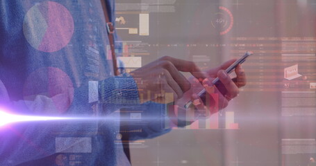 Poster - Image of graphs over hands of caucasian man using smartphone