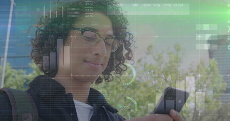 Poster - Image of graphs over happy biracial man using smartphone