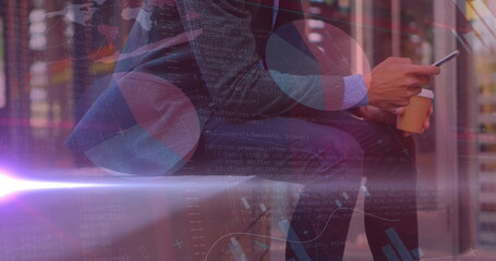 Poster - Image of graphs over midsection of biracial businessman with coffee using smartphone