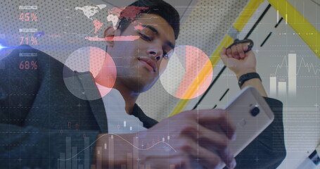 Poster - Image of graphs over biracial man using smartphone in bus