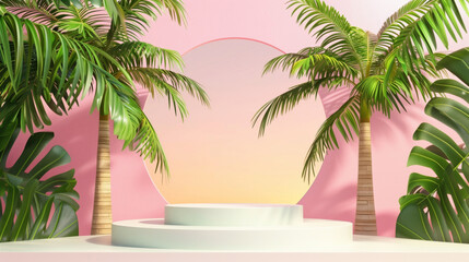 Wall Mural - Tropical palm trees framing a round pedestal against a sunset background