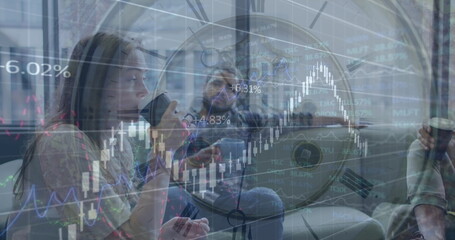 Poster - Image of clock and financial data processing over diverse business people in office