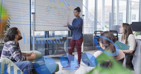 Poster - Image of statistics and financial data processing over diverse business people in office