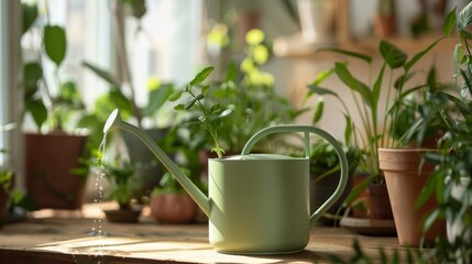 Wall Mural - Watering can with green plant on wooden table indoors, closeup