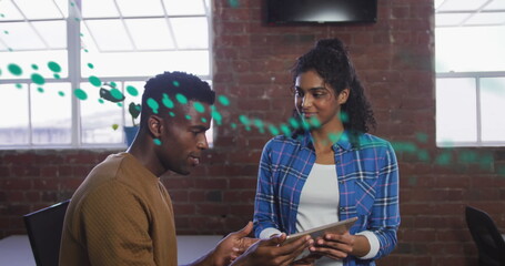 Poster - Image of data processing over diverse business people talking
