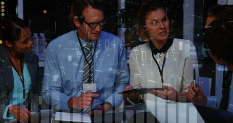 Poster - Image of financial data processing over diverse group of business people