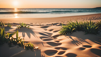 Golden Beach Horizon: A tranquil tropical beach scene with palm trees, golden sands, and a serene sunset over the ocean