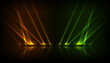 Orange green neon laser rays abstract technology background with reflection. Futuristic glowing vector design