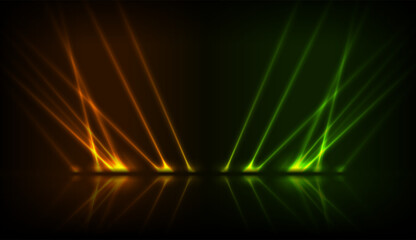 Orange green neon laser rays abstract technology background with reflection. Futuristic glowing vector design