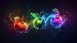   A black background bears an apple, colored and textured with leaves The word love forms intricately in swirling hues, illuminated by a radiant burst of light