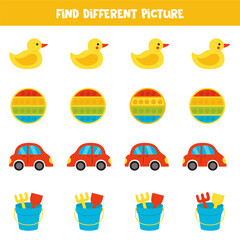 Wall Mural - Find different cartoon cute toy in each row. Logical game for preschool kids.