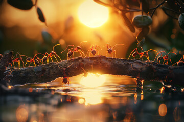  A team of ants building a bridge over water at sunrise. Teamwork, Macro shoot