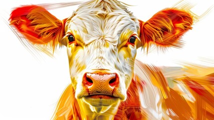 Wall Mural -   A tight shot of a cow's brown and white face against an ambiguous backdrop of orange and yellow hues