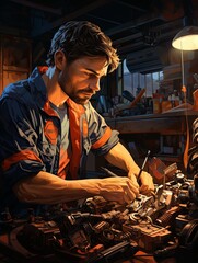 Poster - An auto mechanic works in the garage. A mechanic inspects and repairs parts before replacing them on a car, Generative AI.