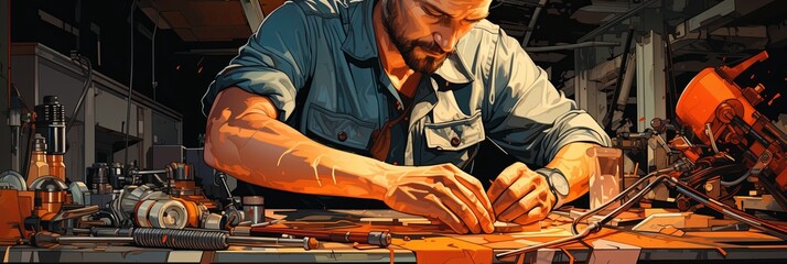 Poster - An auto mechanic works in the garage. A mechanic inspects and repairs parts before replacing them on a car, Generative AI.