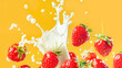 Fresh strawberries falling into milk or cream with splashes on yellow background. Various dairy products advertisement template package design