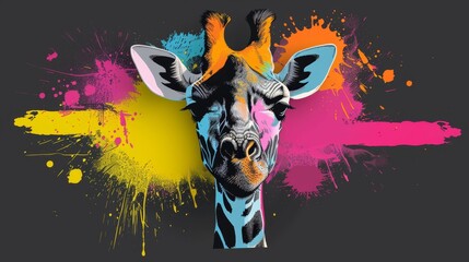 Wall Mural -   A tight shot of a giraffe's head adorned with paint splatters at its back