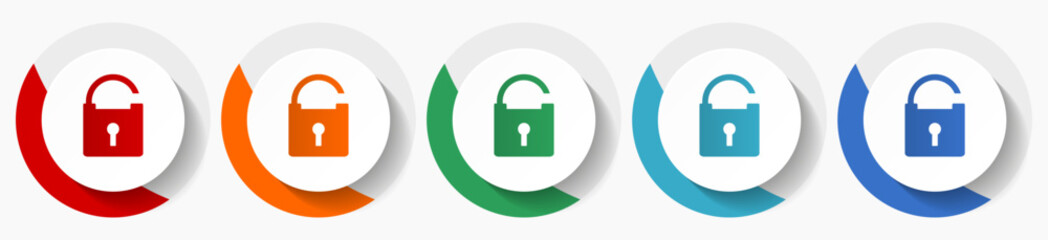 Aufkleber - Padlock, security vector icon set, flat icons for logo design, webdesign and mobile applications, colorful round buttons