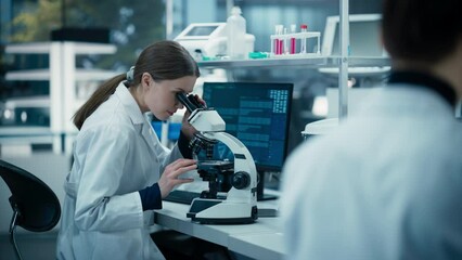Fototapete - Medical Research Scientist Looking at Biological Samples Under a Microscope in an Applied Science Laboratory. Portrait of a Caucasian Lab Engineer in White Coat Sitting with Turned Back to Camera