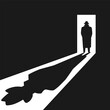 © archivector - Detective is standing in the open doorway. Detective or spy graphic symbol. Shadow on the floor dark room from the silhouette of a man. Vector illustration