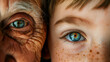 A close-up juxtaposition of a young child's vibrant blue eye and an elderly person's eye reflecting wisdom.