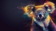 Koala tightly gazes at viewers against a black backdrop, colorful paint splatters adorning its vis