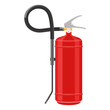 Wet Chemical Fire Extinguisher. Alarm signs, wet chemical co2. Red cylinder with spray hose. Portable fire extinguishing equipment. Realistic 3d vector illustration isolated on white background
