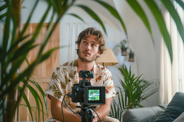 Male influencer recording a video for social media. Generative AI