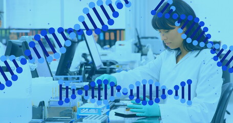Poster - Image of dna strands over diverse doctors