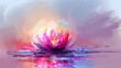   A pink flower floats on the serene water surface, mirrored by the golden sun's reflection