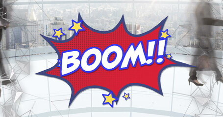 Poster - Image of boom text over people walking