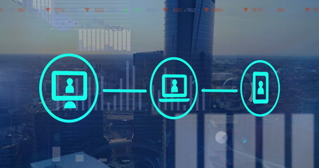 Poster - Image of network of digital icons and screens with data processing over aerial view of cityscape