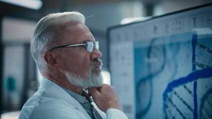 Aufkleber - Senior Doctor in Glasses Examining a Scientific Experiment Report on a Big Screen. PhD Professor Looking at the Screen, Analyzing Provided Data and Technical Information. Biochemistry Concept