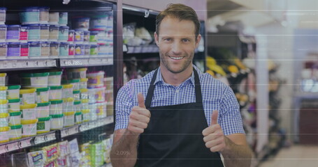 Poster - Image of data processing over caucasian male worker in shop