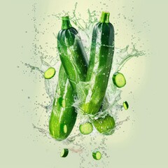 Two cucumbers are in a splash of water